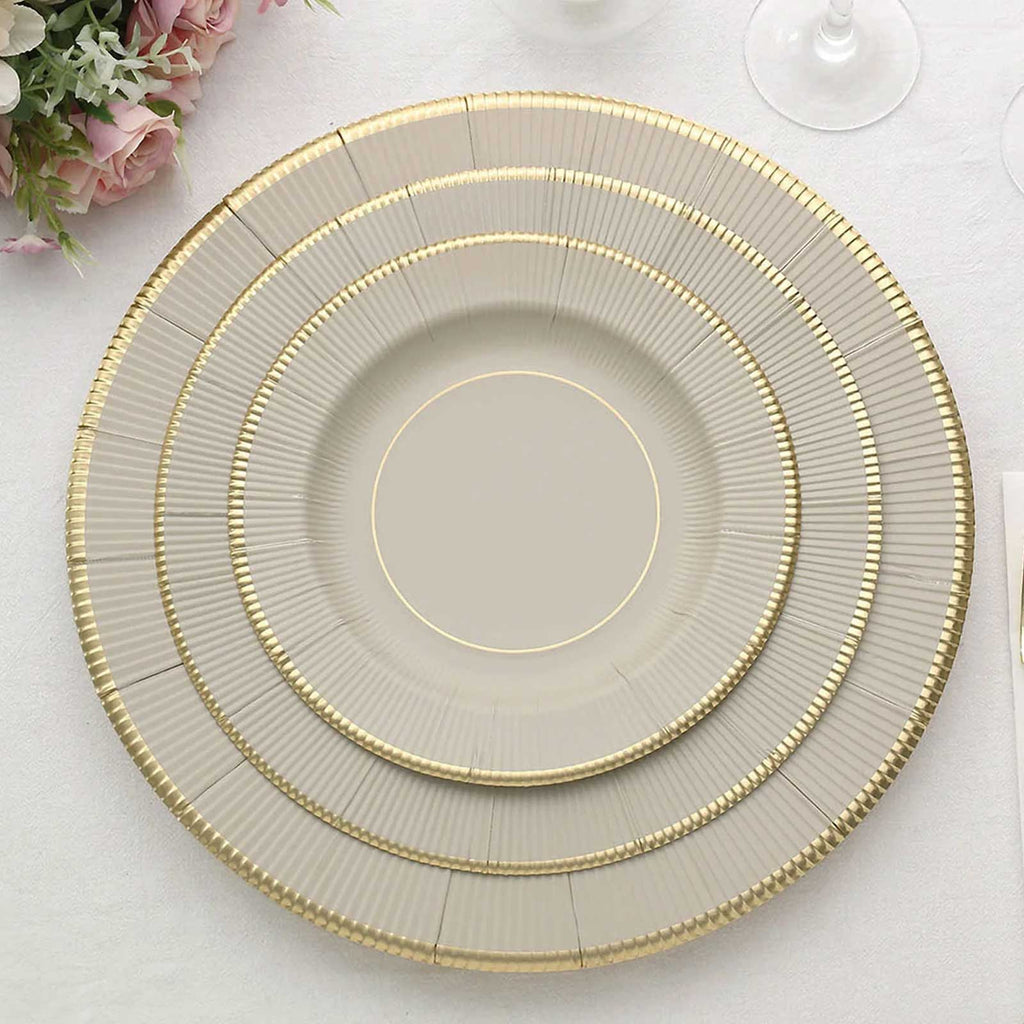 25 - Pack Paper 8" Round Dessert Plates in Taupe Sunray Design with Gold Rim - Disposable Heavy Duty 350GSM Appetizer Salad Plates - Bell Racket Store