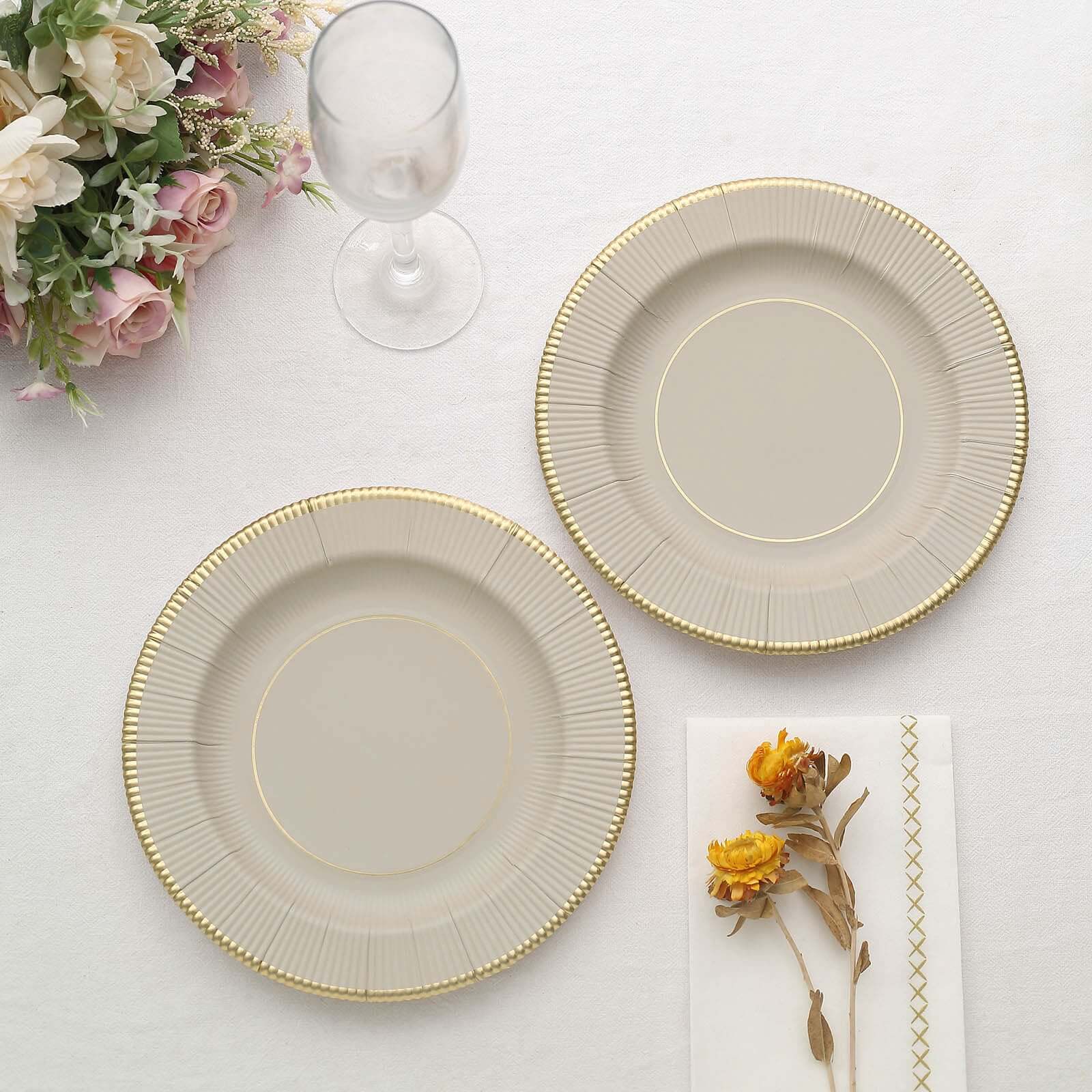 25 - Pack Paper 8" Round Dessert Plates in Taupe Sunray Design with Gold Rim - Disposable Heavy Duty 350GSM Appetizer Salad Plates - Bell Racket Store