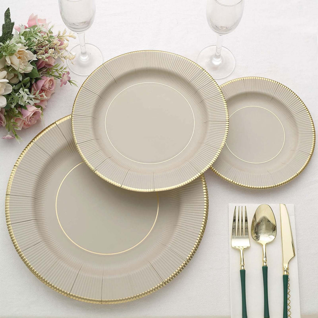 25 - Pack Paper 8" Round Dessert Plates in Taupe Sunray Design with Gold Rim - Disposable Heavy Duty 350GSM Appetizer Salad Plates - Bell Racket Store
