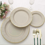 25 - Pack Paper 8" Round Dessert Plates in Taupe Sunray Design with Gold Rim - Disposable Heavy Duty 350GSM Appetizer Salad Plates - Bell Racket Store