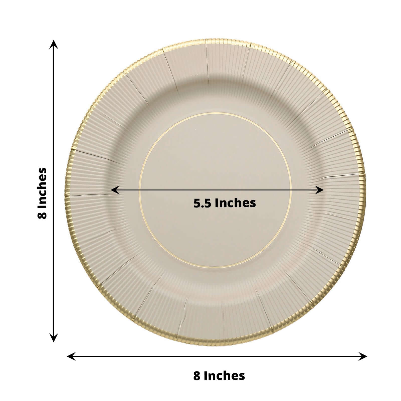25 - Pack Paper 8" Round Dessert Plates in Taupe Sunray Design with Gold Rim - Disposable Heavy Duty 350GSM Appetizer Salad Plates - Bell Racket Store