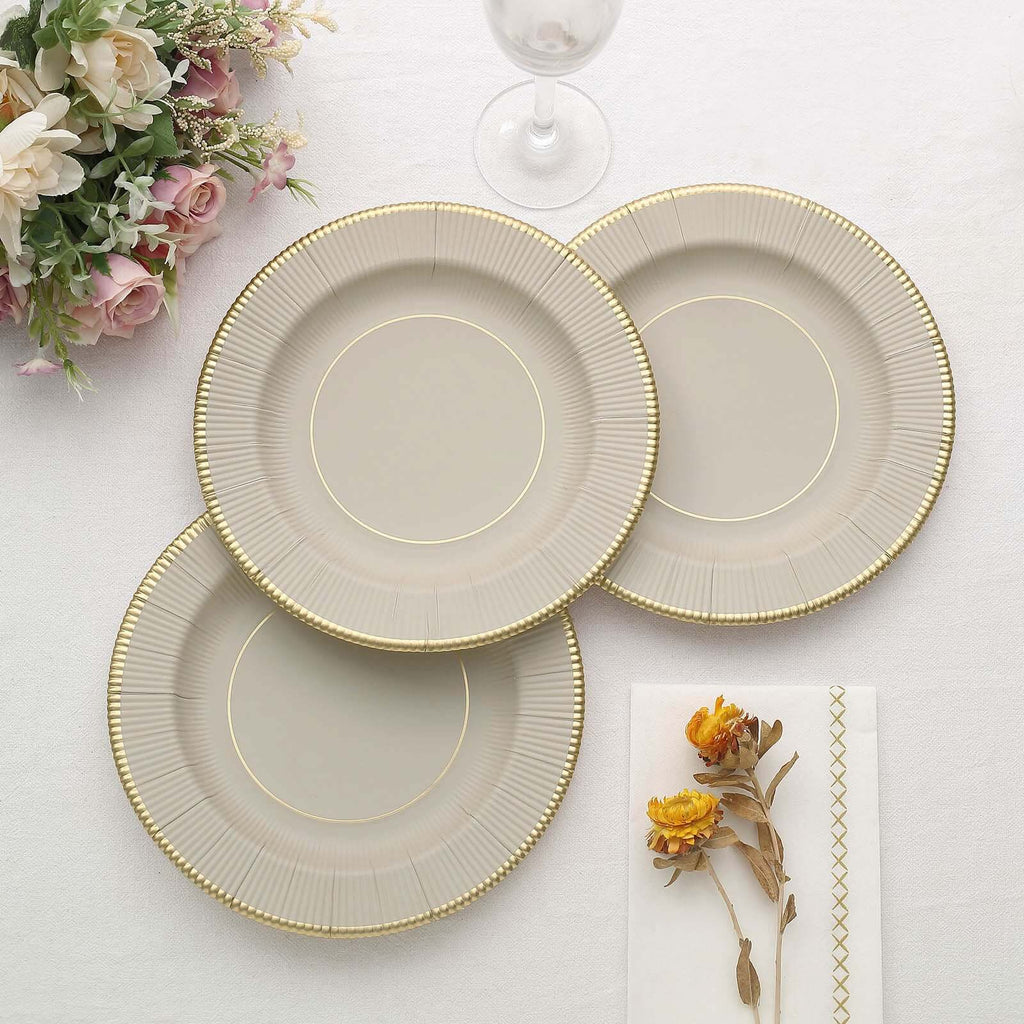 25 - Pack Paper 8" Round Dessert Plates in Taupe Sunray Design with Gold Rim - Disposable Heavy Duty 350GSM Appetizer Salad Plates - Bell Racket Store