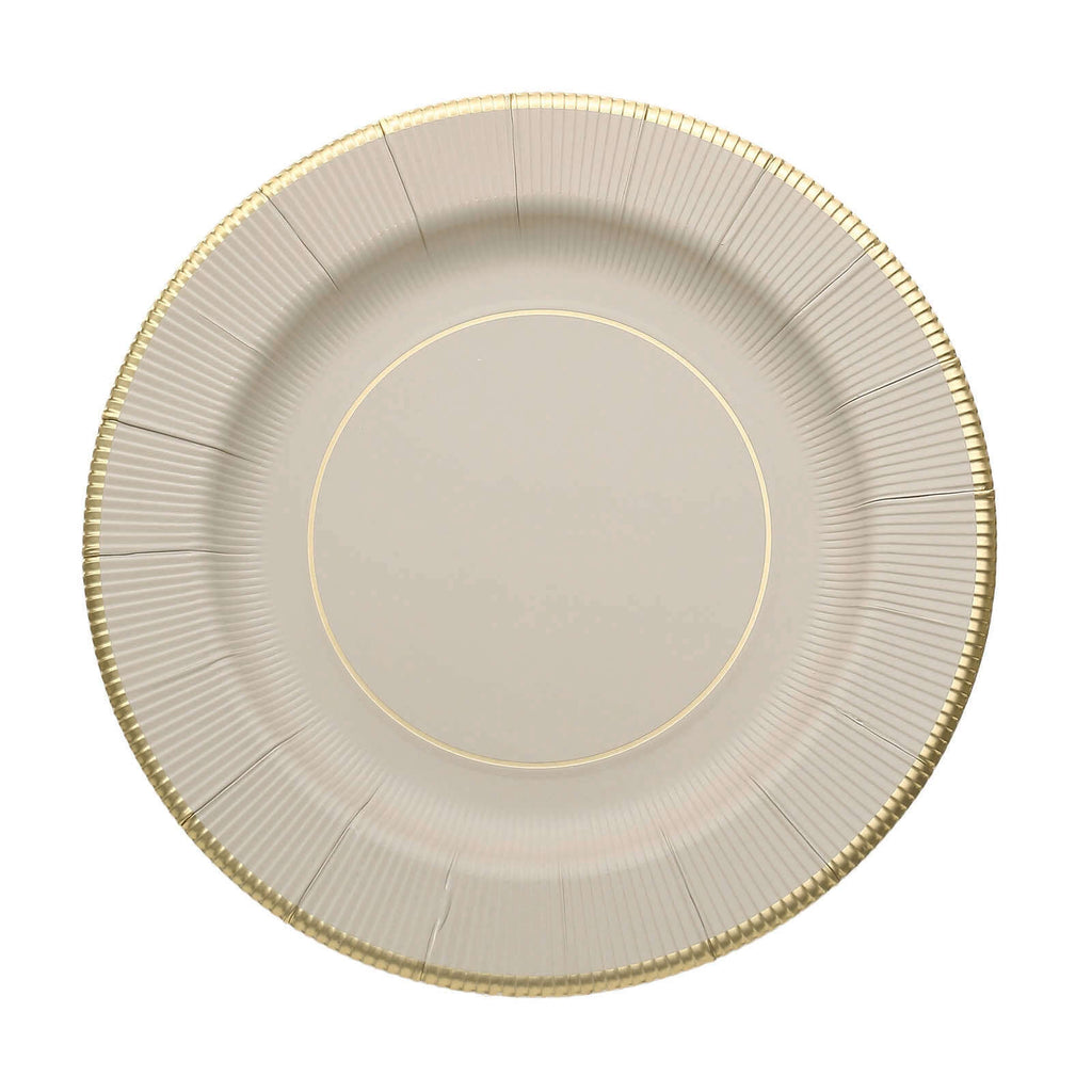 25 - Pack Paper 8" Round Dessert Plates in Taupe Sunray Design with Gold Rim - Disposable Heavy Duty 350GSM Appetizer Salad Plates - Bell Racket Store