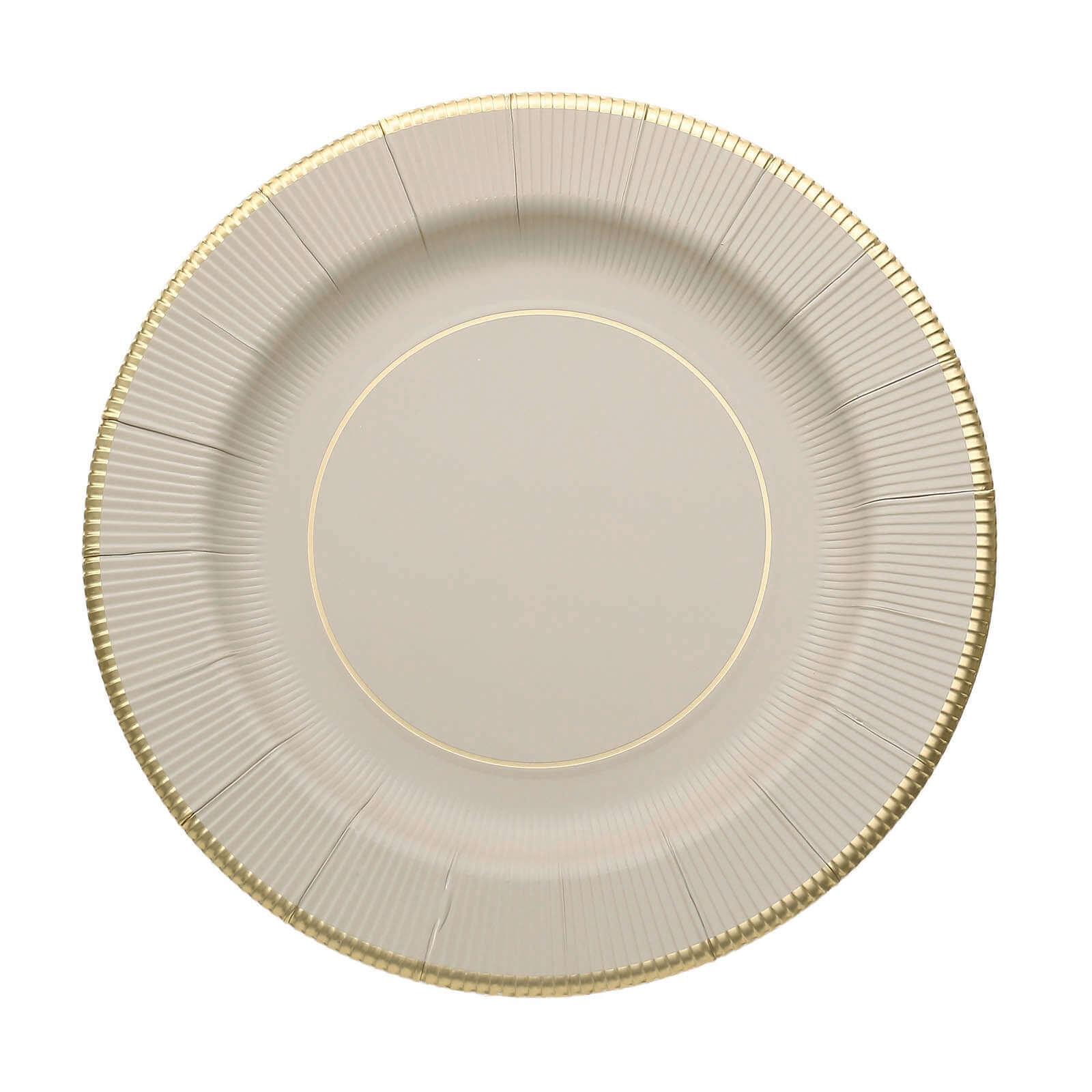 25 - Pack Paper 8" Round Dessert Plates in Taupe Sunray Design with Gold Rim - Disposable Heavy Duty 350GSM Appetizer Salad Plates - Bell Racket Store