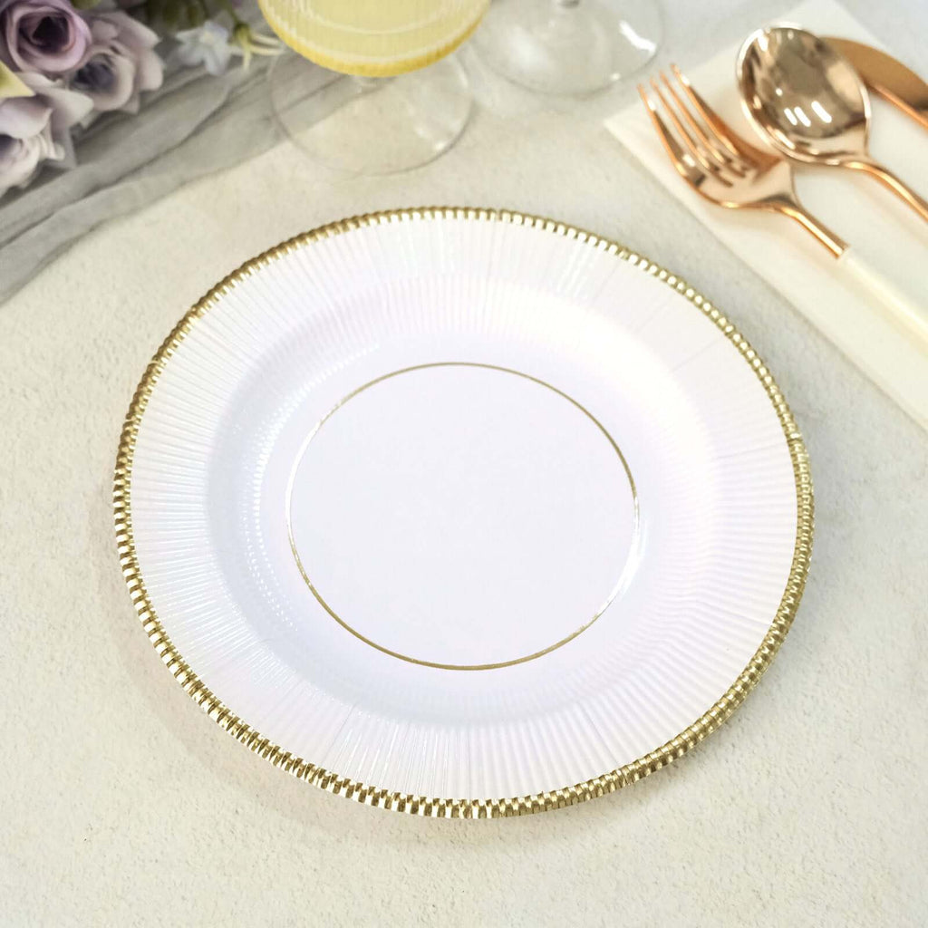 25 - Pack Paper 8" Round Dessert Plates in White Sunray Design with Gold Rim - Disposable Heavy Duty 350GSM Appetizer Salad Plates for Banquets & Celebrations - Bell Racket Store