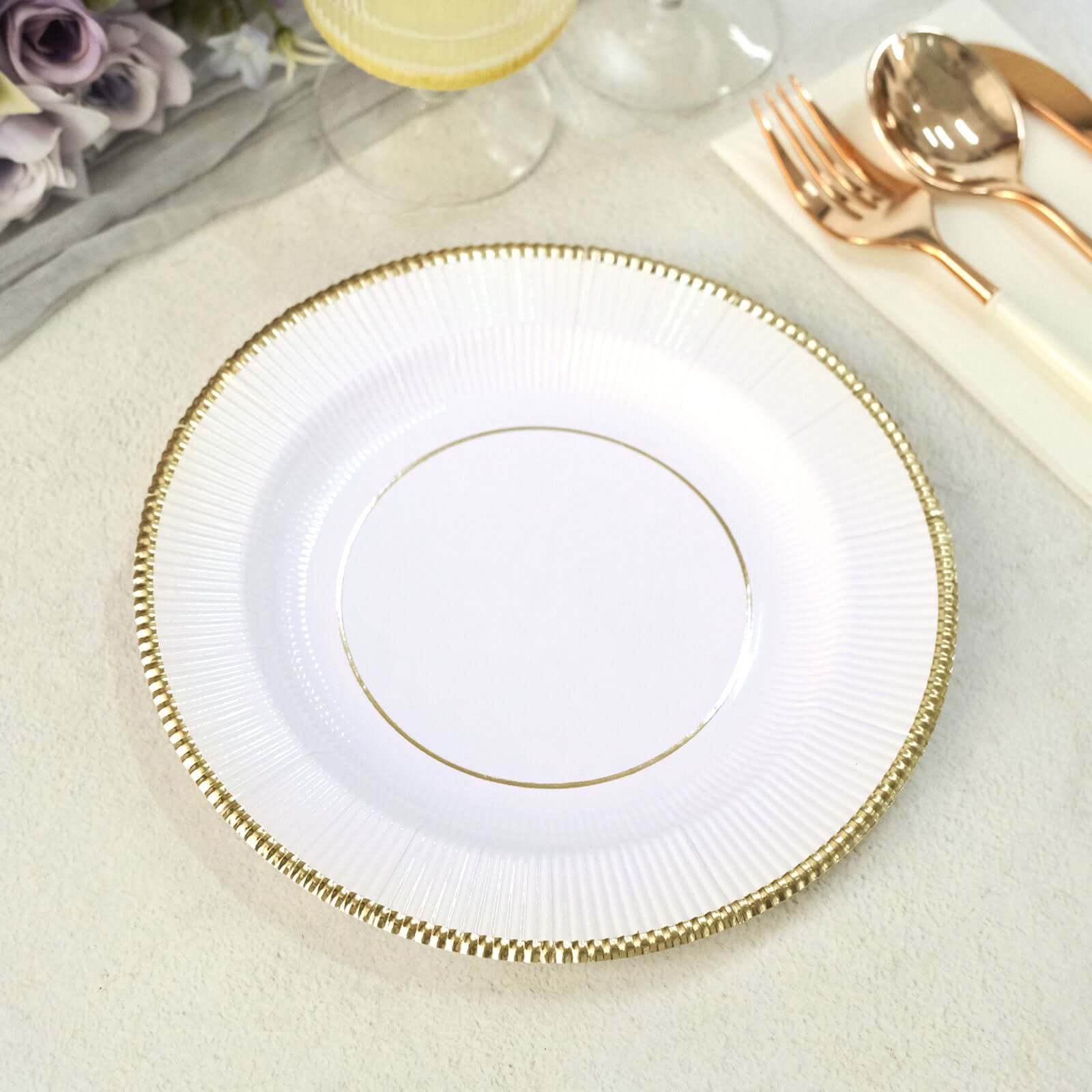 25 - Pack Paper 8" Round Dessert Plates in White Sunray Design with Gold Rim - Disposable Heavy Duty 350GSM Appetizer Salad Plates for Banquets & Celebrations - Bell Racket Store