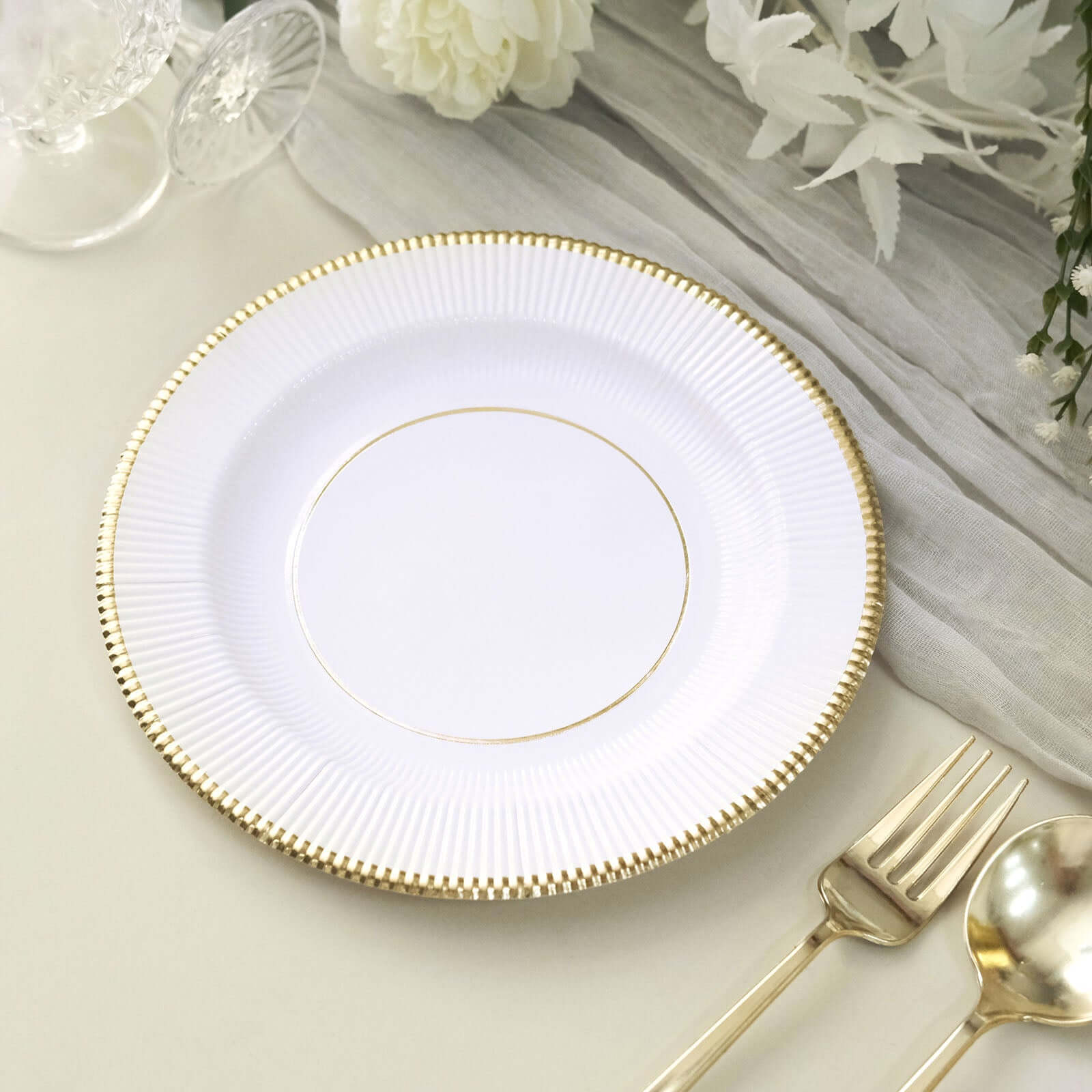 25 - Pack Paper 8" Round Dessert Plates in White Sunray Design with Gold Rim - Disposable Heavy Duty 350GSM Appetizer Salad Plates for Banquets & Celebrations - Bell Racket Store