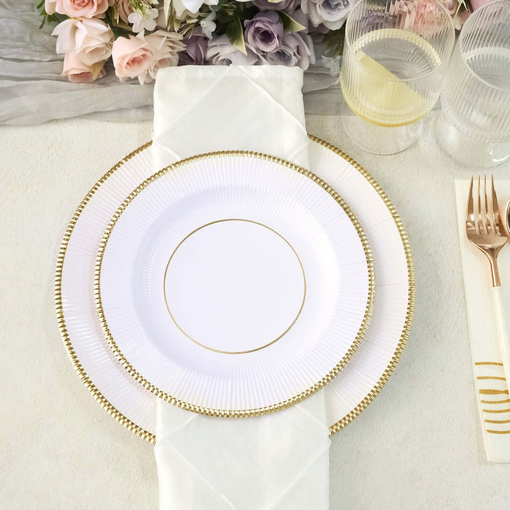 25 - Pack Paper 8" Round Dessert Plates in White Sunray Design with Gold Rim - Disposable Heavy Duty 350GSM Appetizer Salad Plates for Banquets & Celebrations - Bell Racket Store