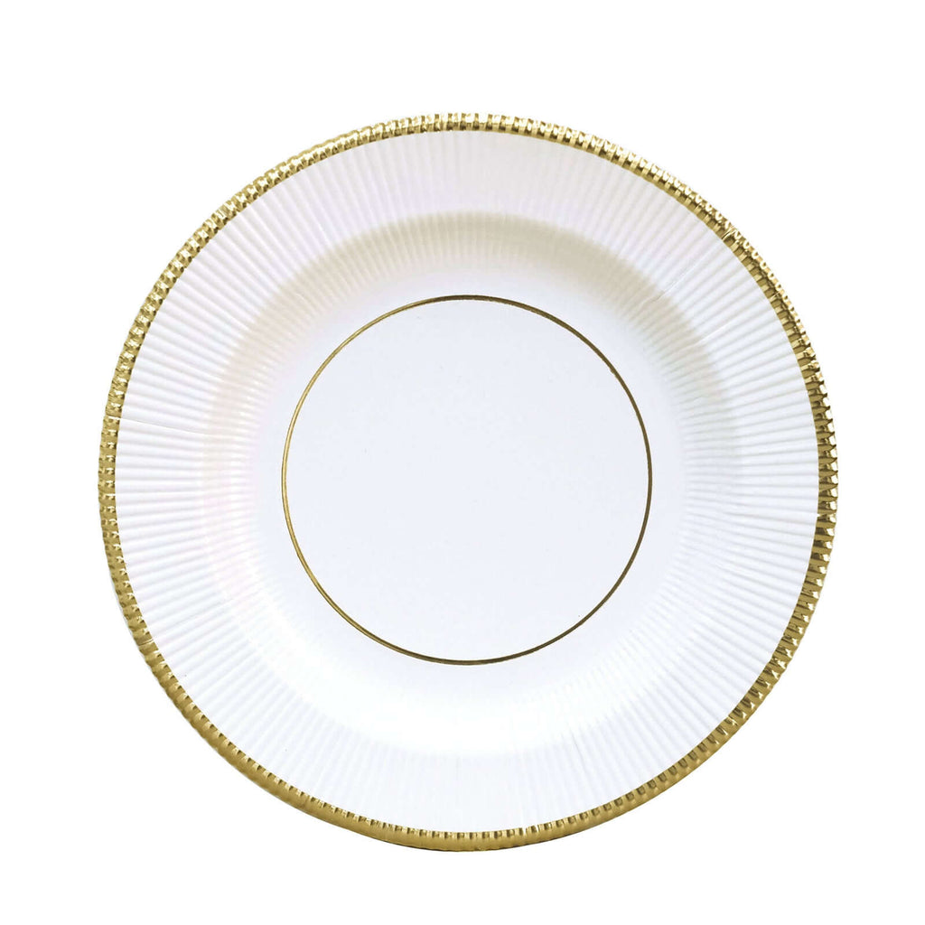 25 - Pack Paper 8" Round Dessert Plates in White Sunray Design with Gold Rim - Disposable Heavy Duty 350GSM Appetizer Salad Plates for Banquets & Celebrations - Bell Racket Store