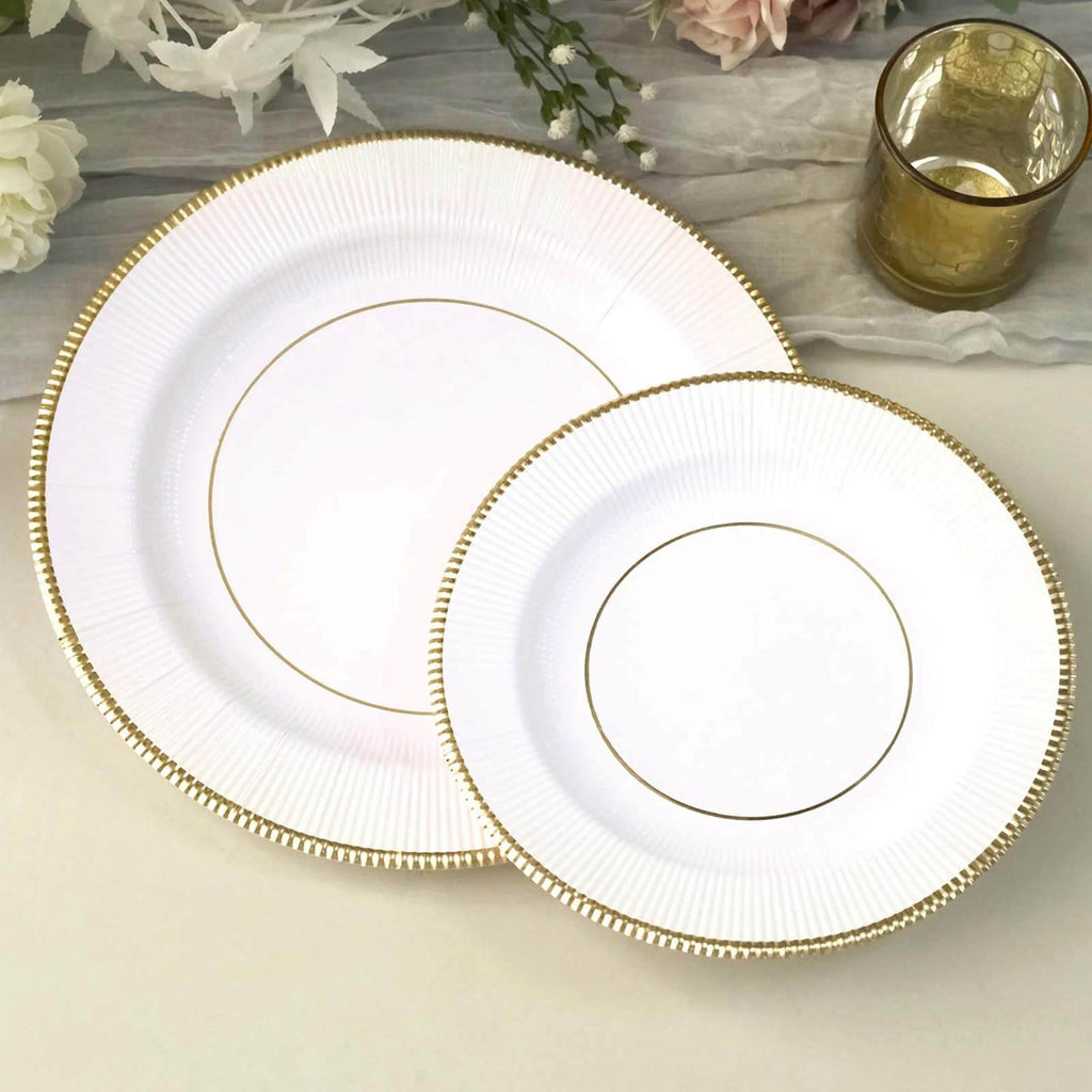 25 - Pack Paper 8" Round Dessert Plates in White Sunray Design with Gold Rim - Disposable Heavy Duty 350GSM Appetizer Salad Plates for Banquets & Celebrations - Bell Racket Store
