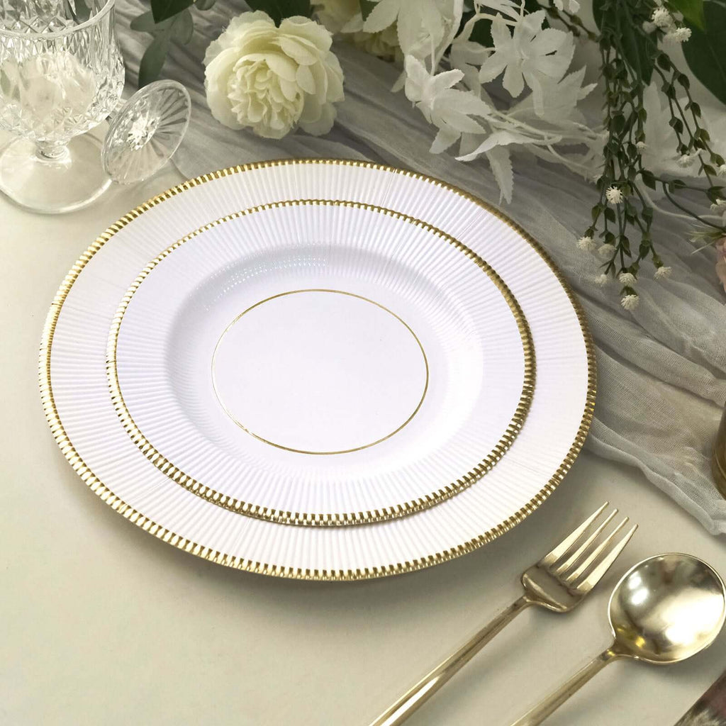 25 - Pack Paper 8" Round Dessert Plates in White Sunray Design with Gold Rim - Disposable Heavy Duty 350GSM Appetizer Salad Plates for Banquets & Celebrations - Bell Racket Store