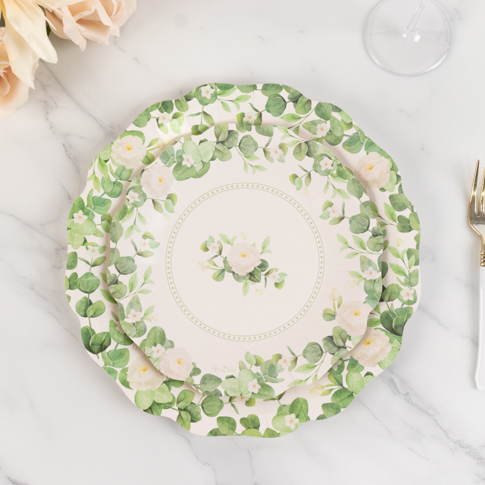 25 - Pack Paper 8" Round Dessert Plates in White with Floral Greenery & Scalloped Edges - Disposable Appetizer Salad Plates for Rustic Weddings & Garden Brunches - Bell Racket Store