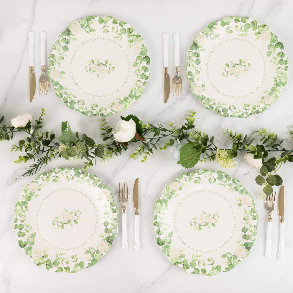 25 - Pack Paper 8" Round Dessert Plates in White with Floral Greenery & Scalloped Edges - Disposable Appetizer Salad Plates for Rustic Weddings & Garden Brunches - Bell Racket Store