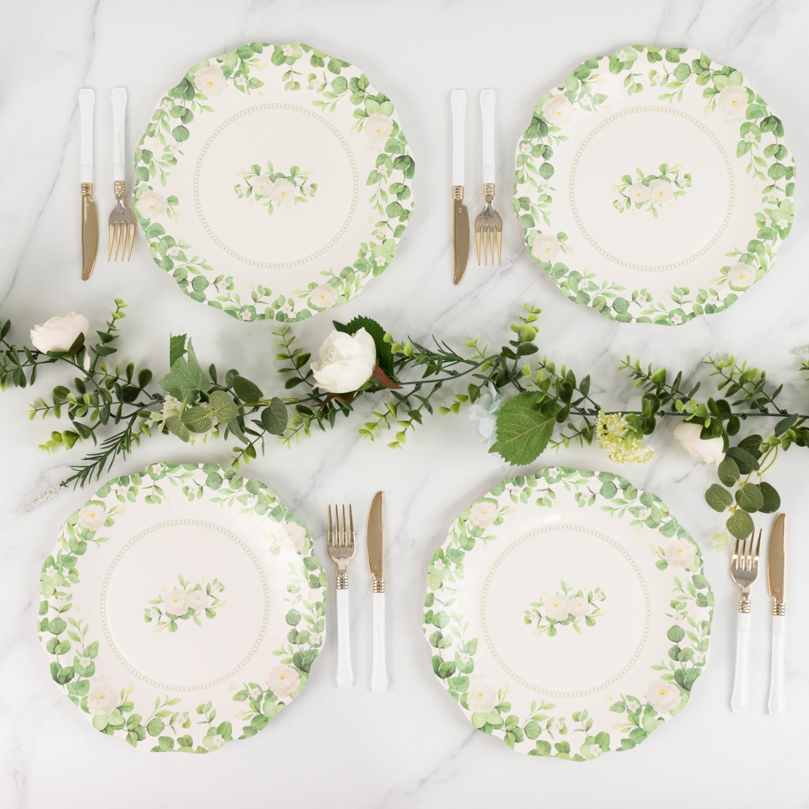 25 - Pack Paper 8" Round Dessert Plates in White with Floral Greenery & Scalloped Edges - Disposable Appetizer Salad Plates for Rustic Weddings & Garden Brunches - Bell Racket Store