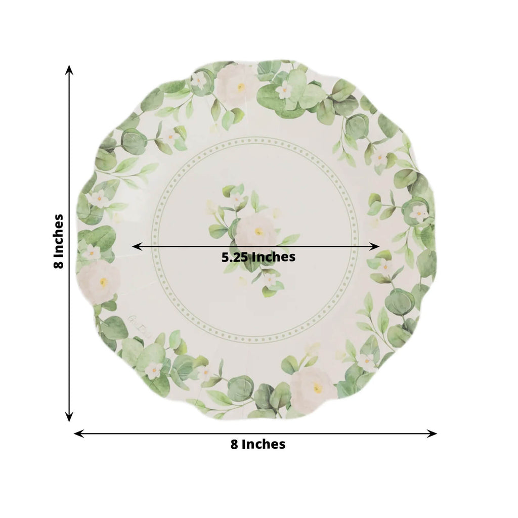 25 - Pack Paper 8" Round Dessert Plates in White with Floral Greenery & Scalloped Edges - Disposable Appetizer Salad Plates for Rustic Weddings & Garden Brunches - Bell Racket Store