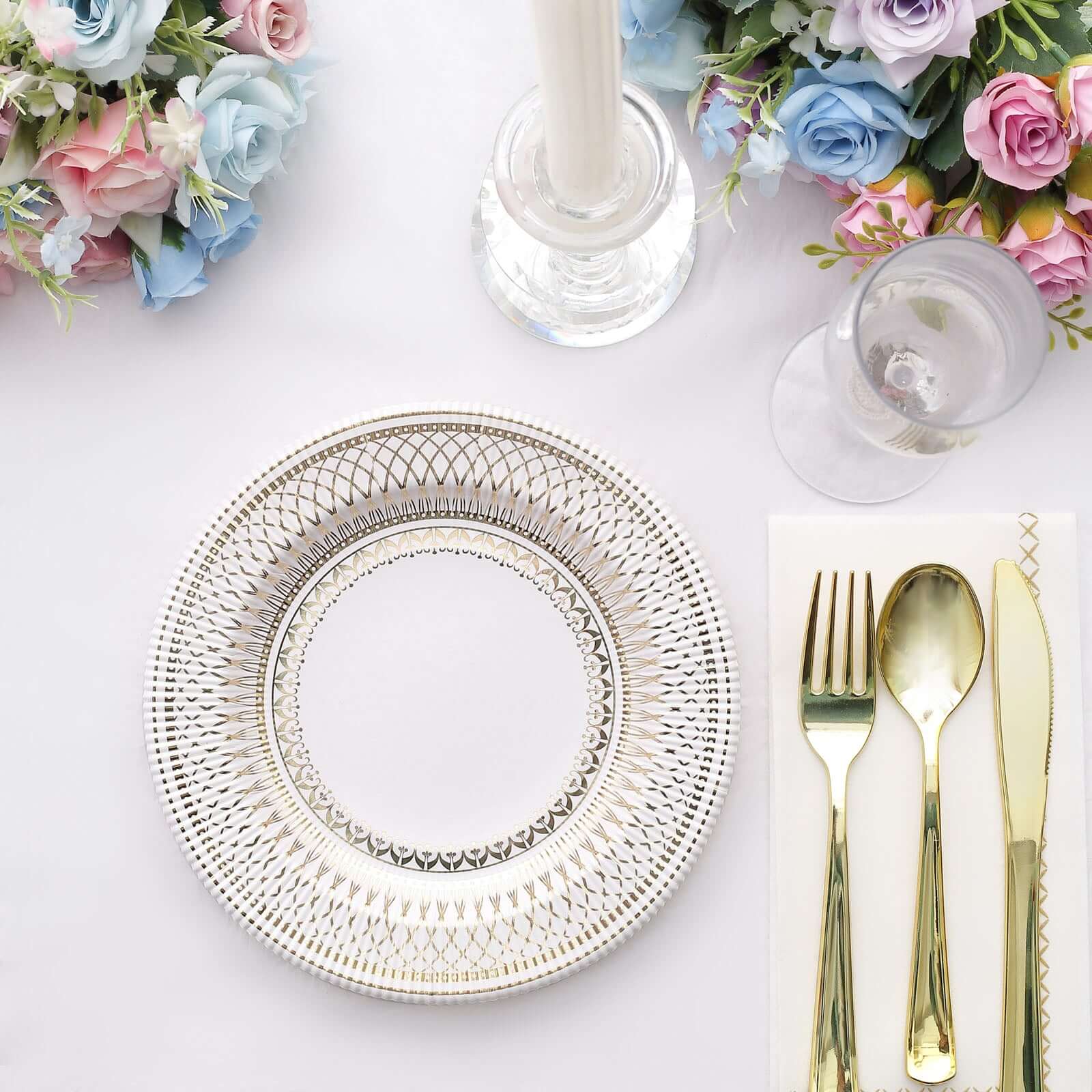 25 - Pack Paper 8" Round Dessert Plates in White with Gold Vintage Porcelain Style Rim - Disposable 300GSM Salad Appetizer Plates - Bell Racket Store