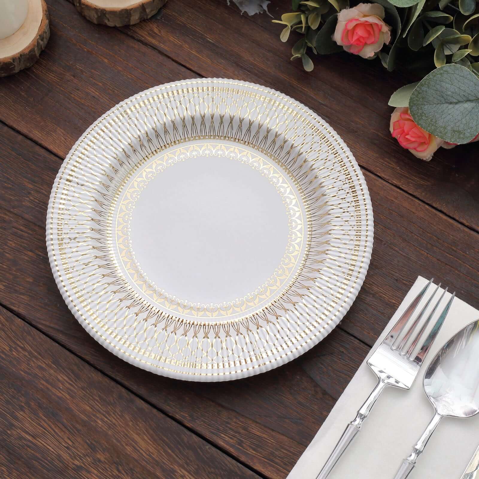 25 - Pack Paper 8" Round Dessert Plates in White with Gold Vintage Porcelain Style Rim - Disposable 300GSM Salad Appetizer Plates - Bell Racket Store