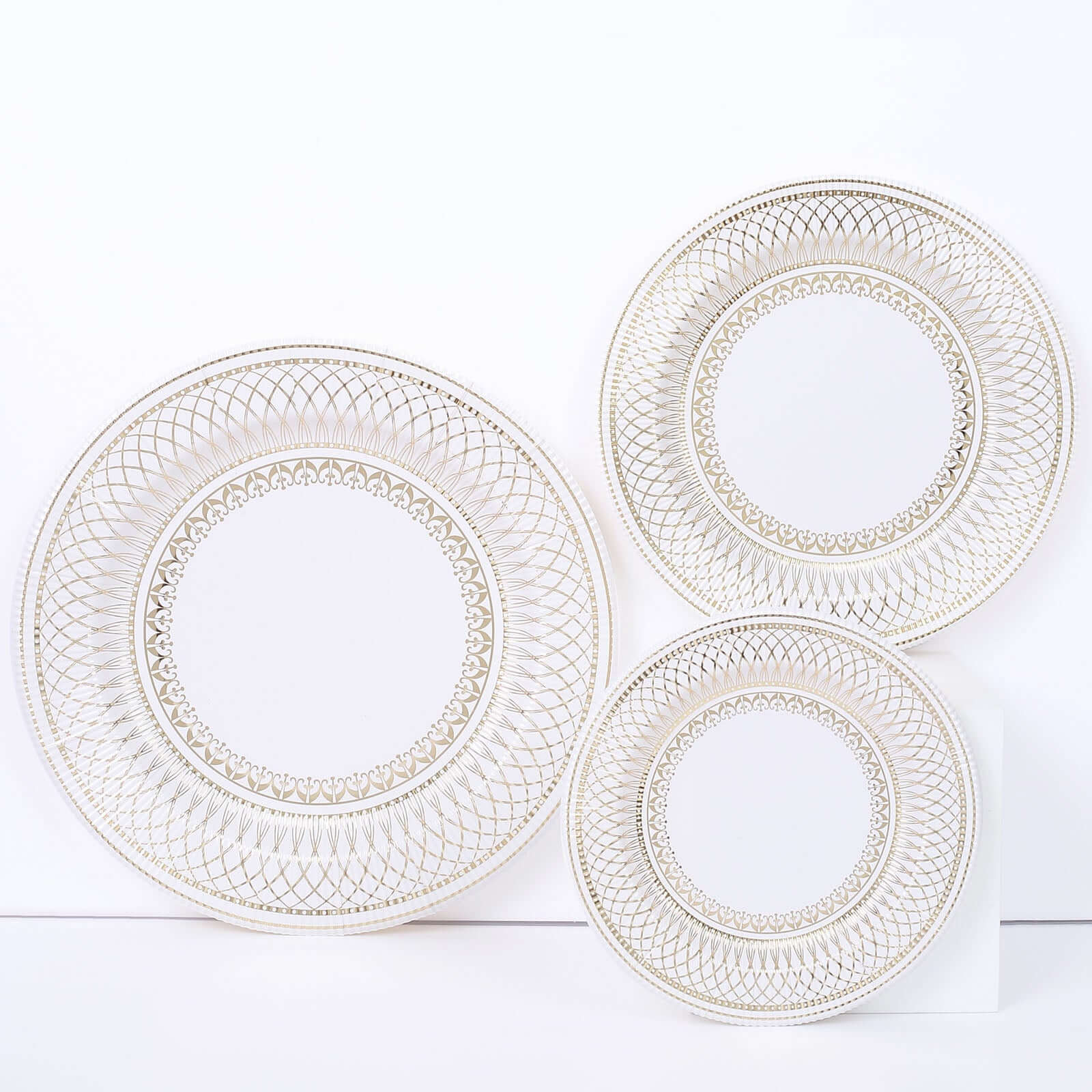 25 - Pack Paper 8" Round Dessert Plates in White with Gold Vintage Porcelain Style Rim - Disposable 300GSM Salad Appetizer Plates - Bell Racket Store