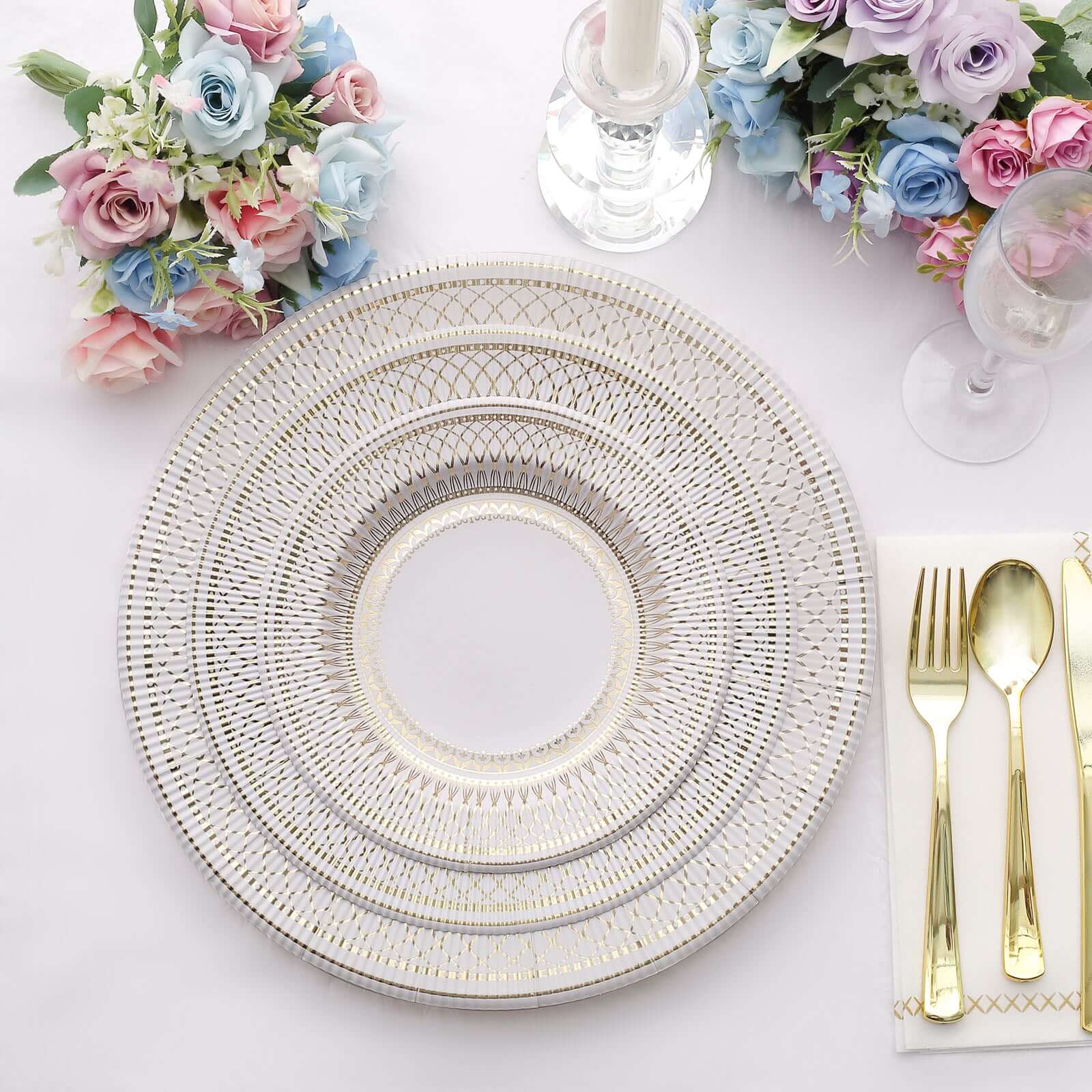 25 - Pack Paper 8" Round Dessert Plates in White with Gold Vintage Porcelain Style Rim - Disposable 300GSM Salad Appetizer Plates - Bell Racket Store