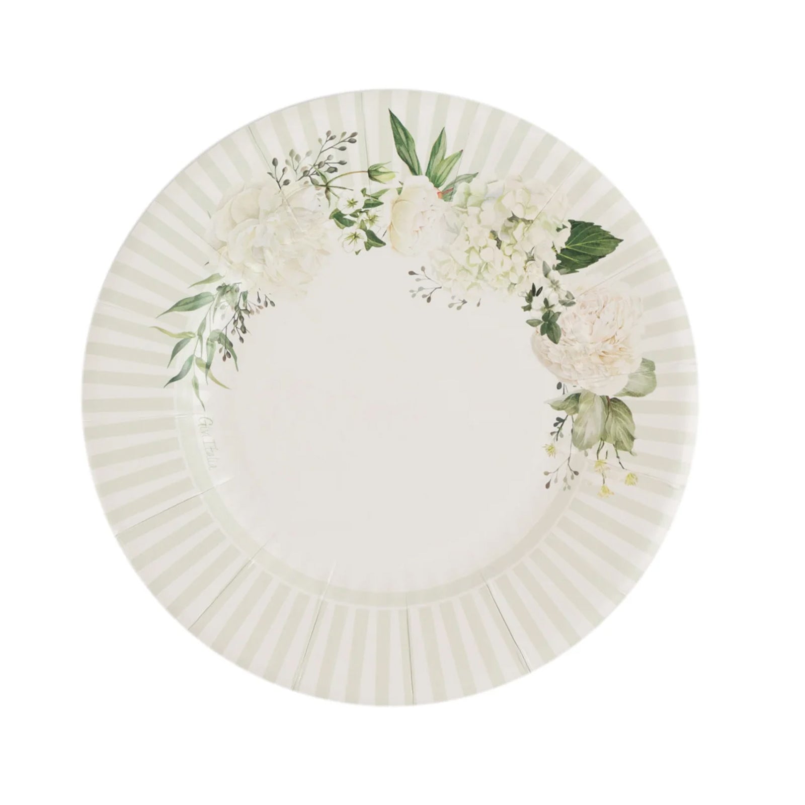 25 - Pack Paper 8" Round Dessert Plates in White with Sage Green Floral Print & Lined Rim - Bell Racket Store