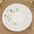 25 - Pack Paper 8" Round Dessert Plates in White with Sage Green Floral Print & Lined Rim - Bell Racket Store