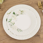 25 - Pack Paper 8" Round Dessert Plates in White with Sage Green Floral Print & Lined Rim - Bell Racket Store
