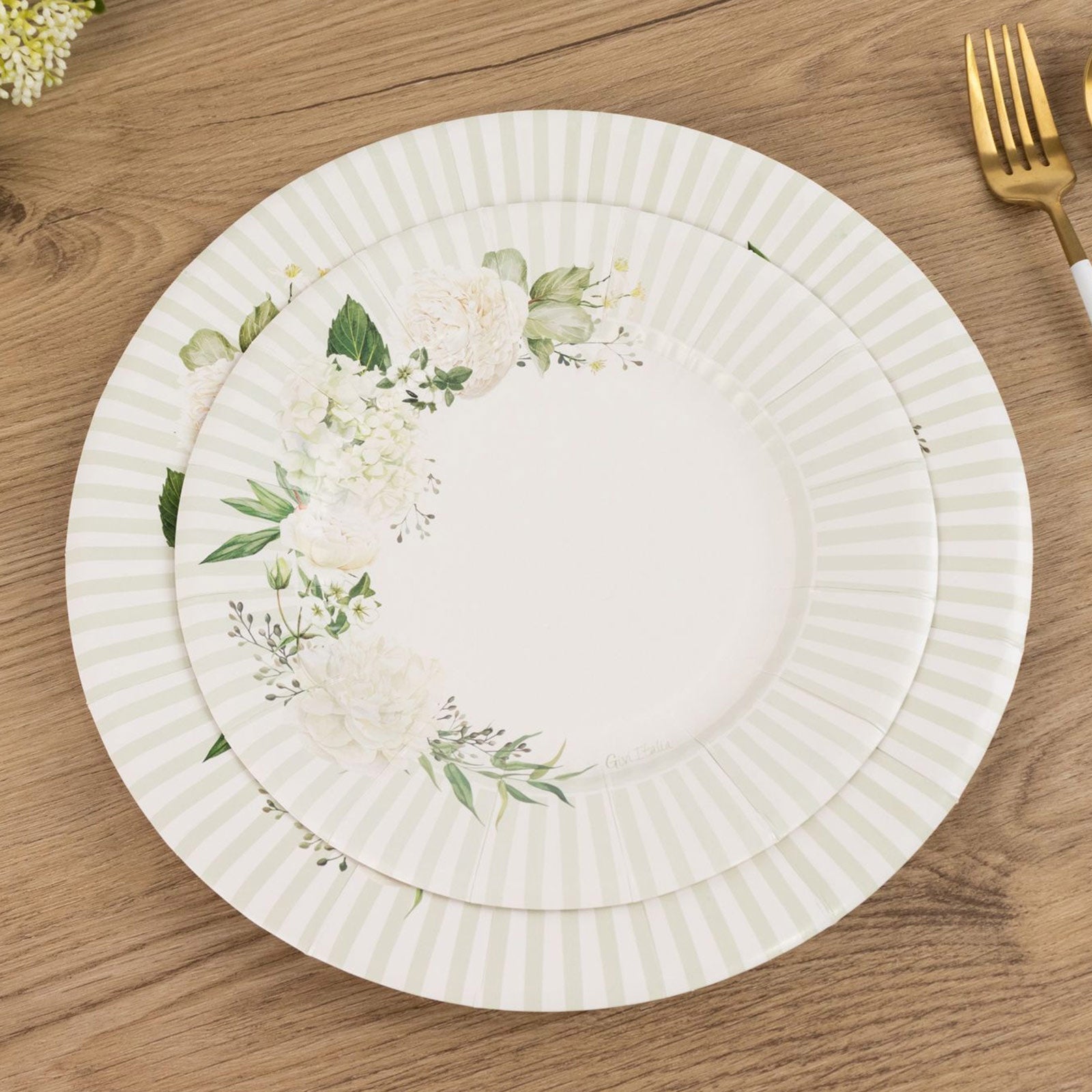 25 - Pack Paper 8" Round Dessert Plates in White with Sage Green Floral Print & Lined Rim - Bell Racket Store