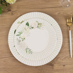 25 - Pack Paper 8" Round Dessert Plates in White with Sage Green Floral Print & Lined Rim - Bell Racket Store