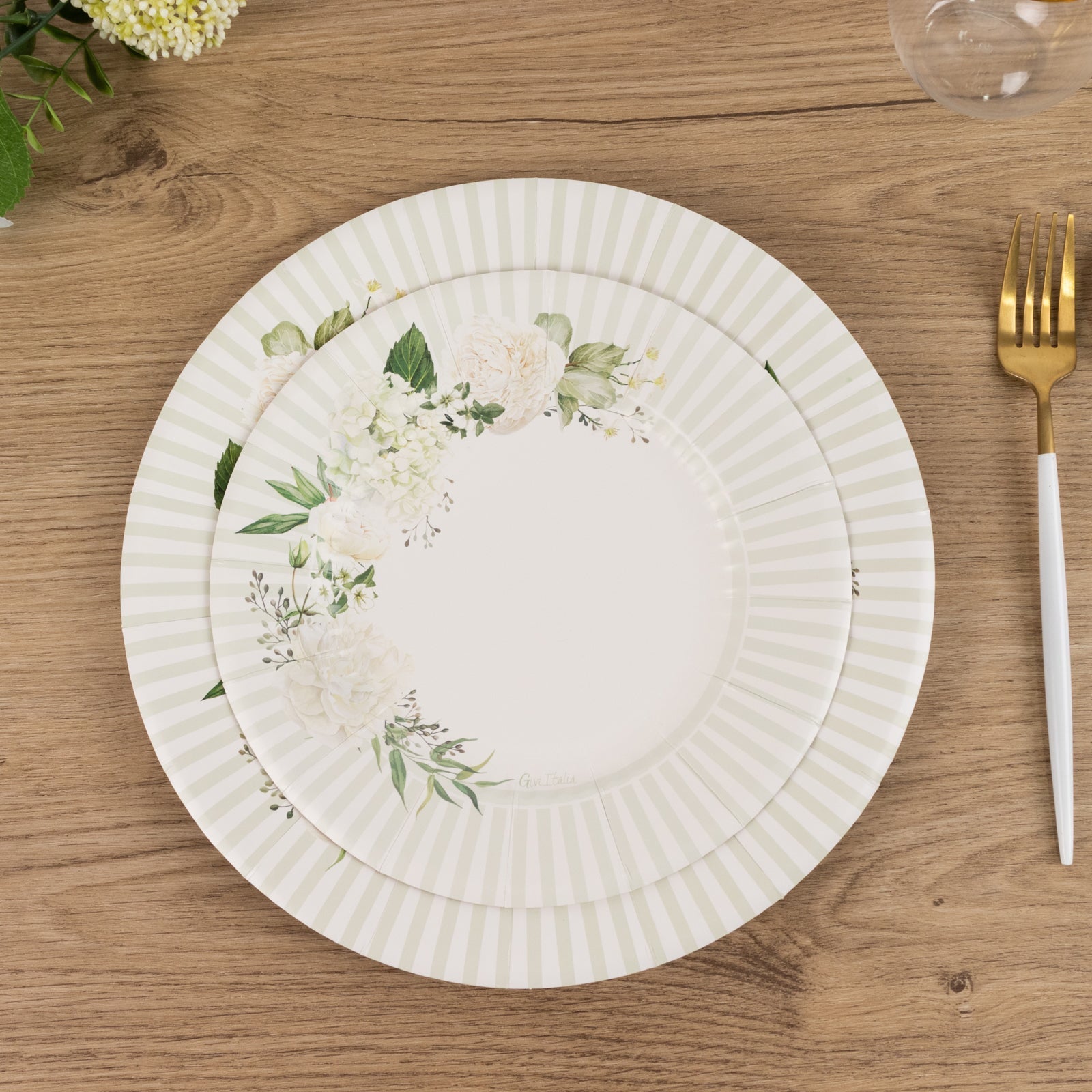 25 - Pack Paper 8" Round Dessert Plates in White with Sage Green Floral Print & Lined Rim - Bell Racket Store