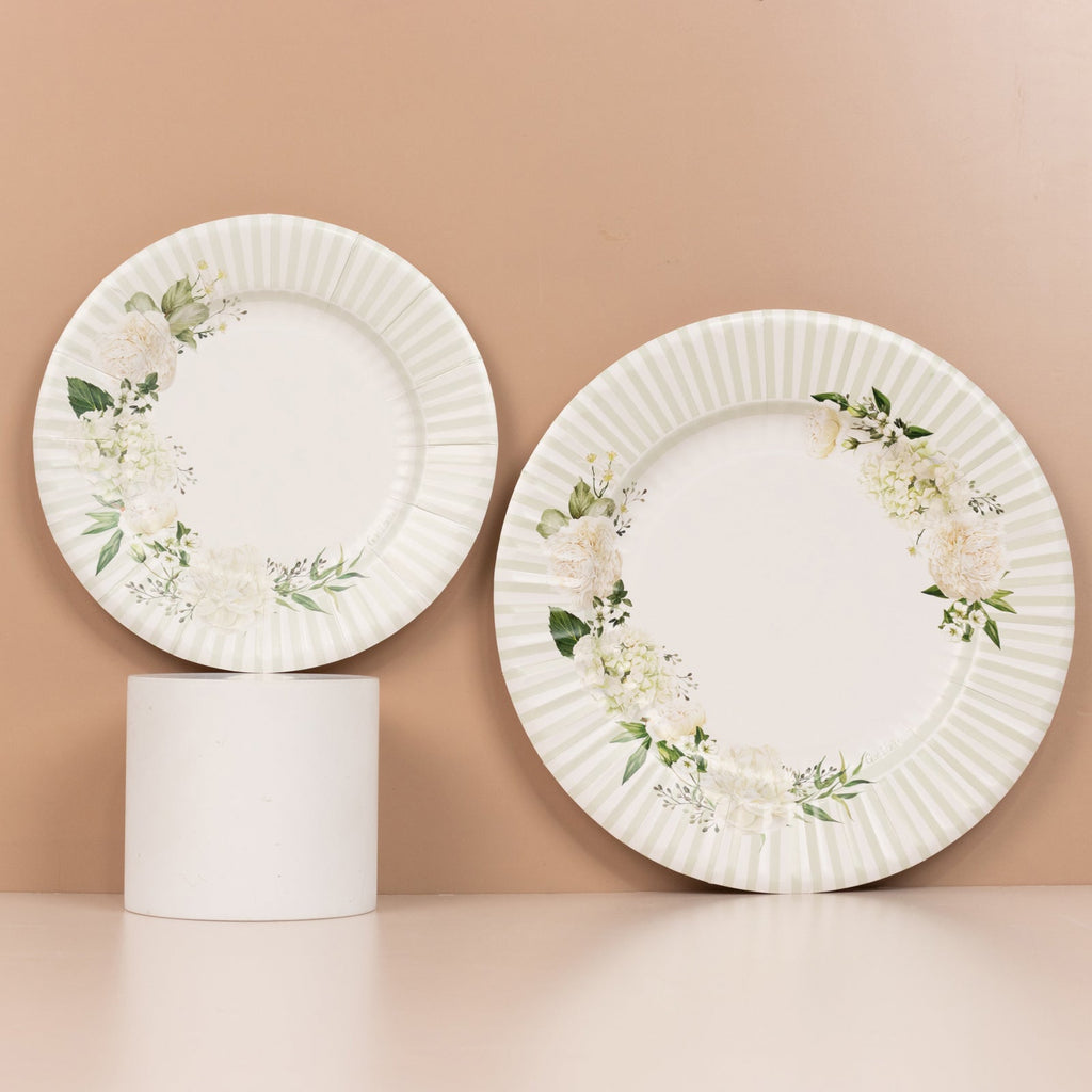 25 - Pack Paper 8" Round Dessert Plates in White with Sage Green Floral Print & Lined Rim - Bell Racket Store