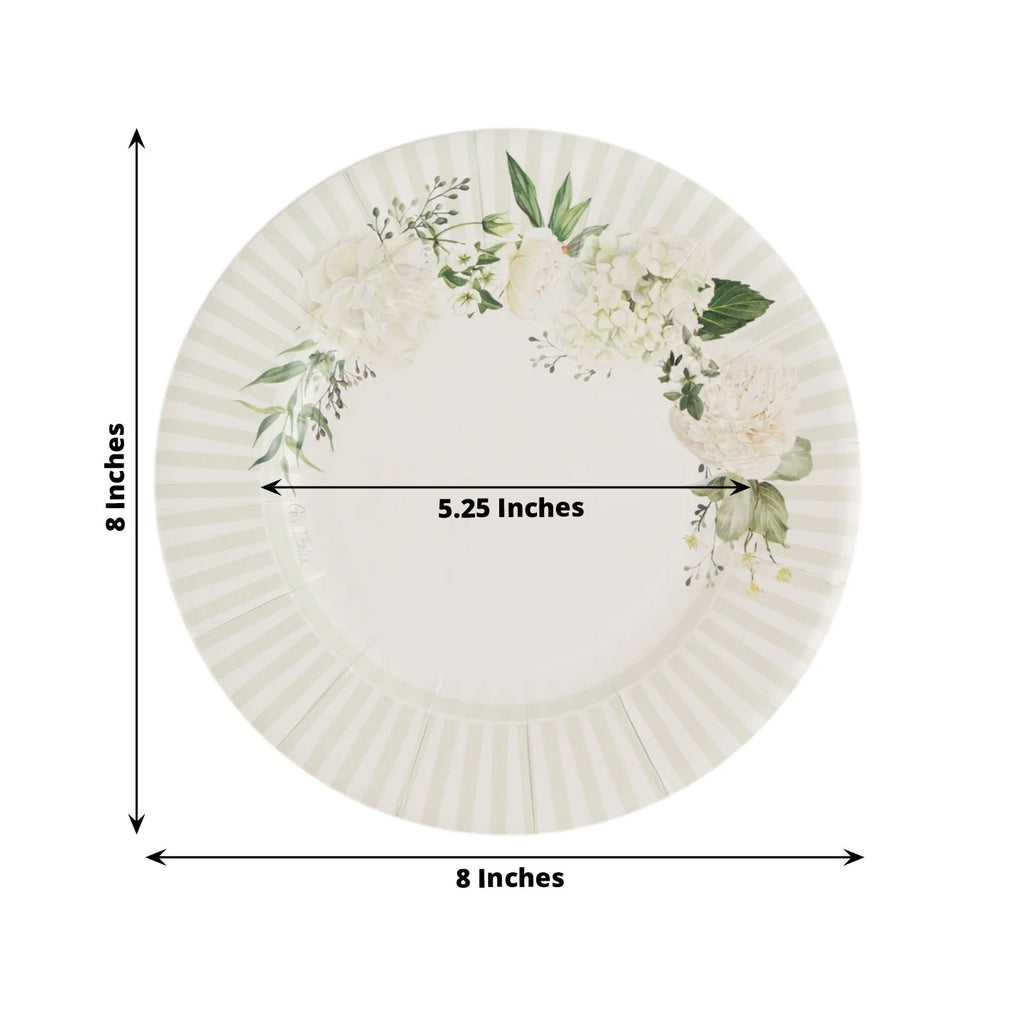 25 - Pack Paper 8" Round Dessert Plates in White with Sage Green Floral Print & Lined Rim - Bell Racket Store