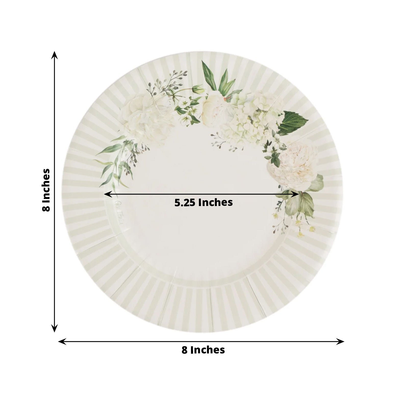 25 - Pack Paper 8" Round Dessert Plates in White with Sage Green Floral Print & Lined Rim - Bell Racket Store