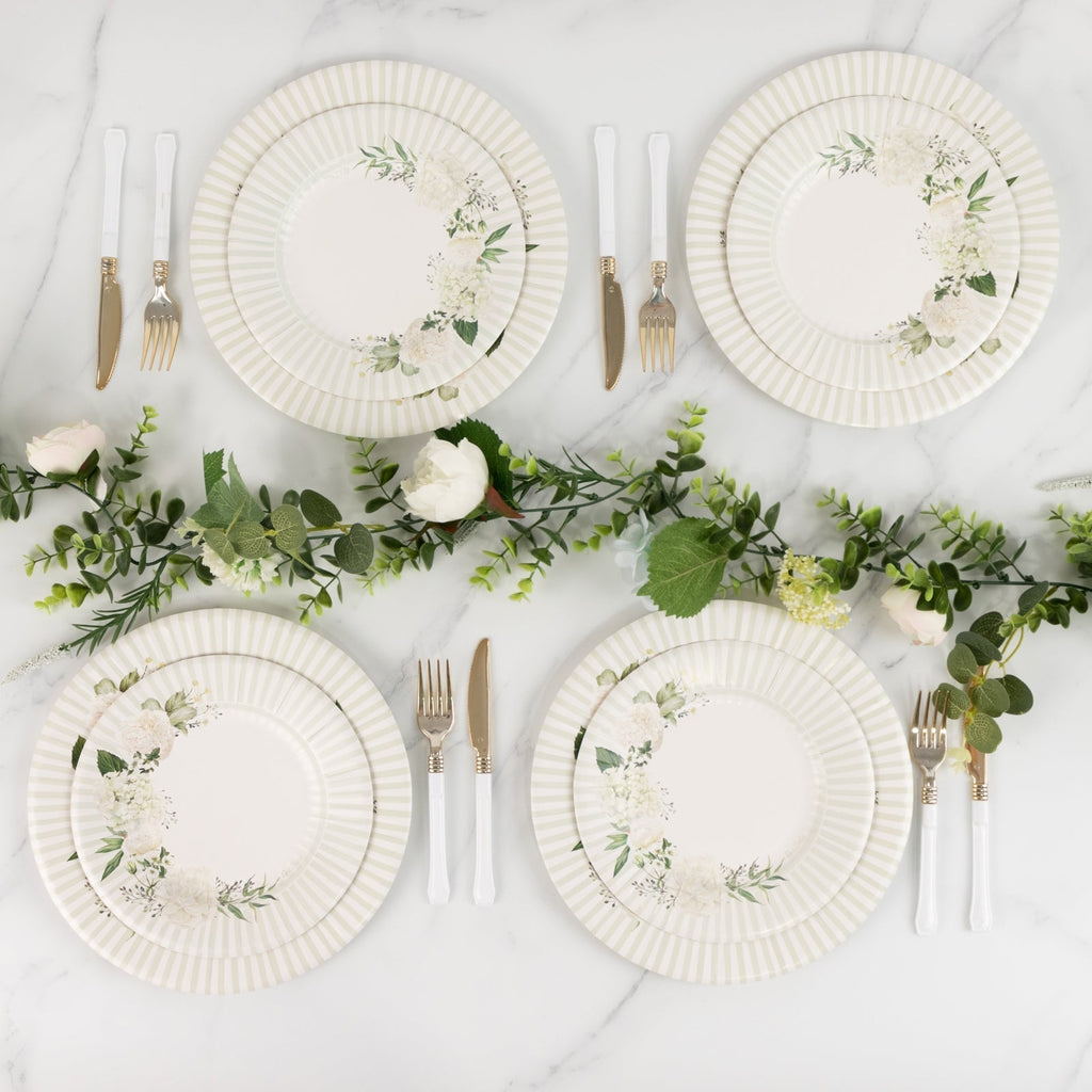 25 - Pack Paper 8" Round Dessert Plates in White with Sage Green Floral Print & Lined Rim - Bell Racket Store