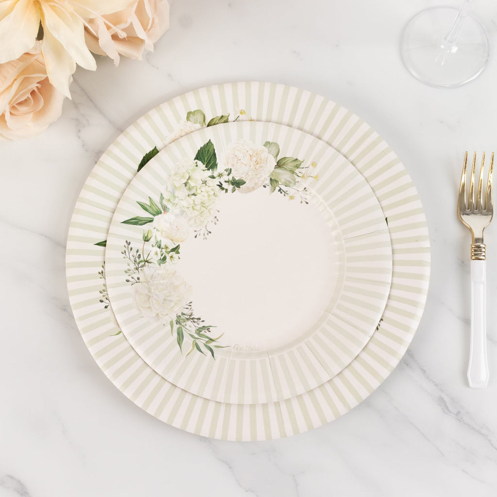 25 - Pack Paper 8" Round Dessert Plates in White with Sage Green Floral Print & Lined Rim - Bell Racket Store