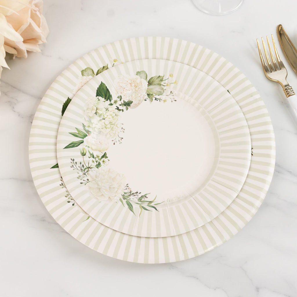 25 - Pack Paper 8" Round Dessert Plates in White with Sage Green Floral Print & Lined Rim - Bell Racket Store