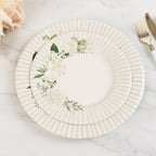 25 - Pack Paper 8" Round Dessert Plates in White with Sage Green Floral Print & Lined Rim - Bell Racket Store