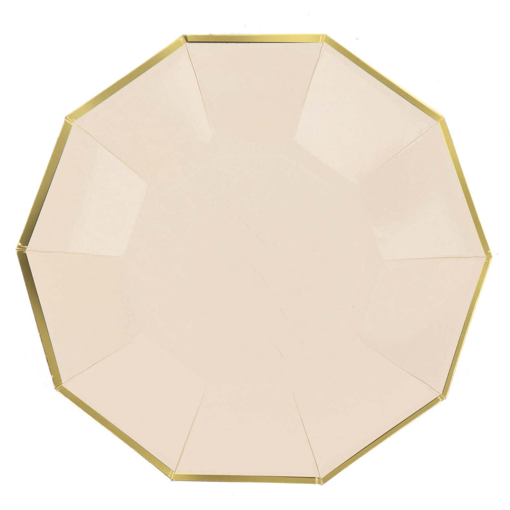 25 - Pack Paper 9" Decagon Dinner Plates in Beige with Gold Foil Rim - Disposable Geometric Party Plates for Modern Weddings & Events - Bell Racket Store