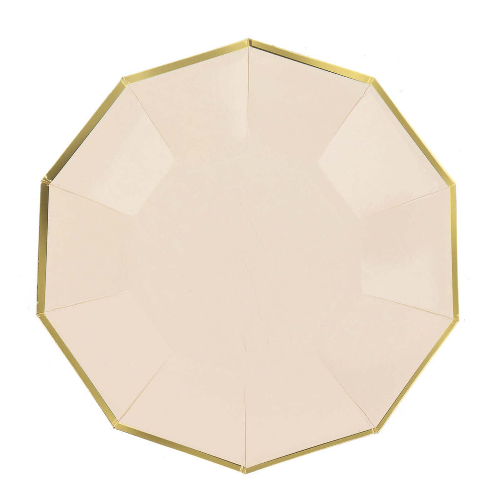 25 - Pack Paper 9" Decagon Dinner Plates in Beige with Gold Foil Rim - Disposable Geometric Party Plates for Modern Weddings & Events - Bell Racket Store