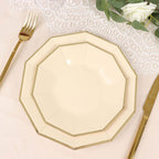 25 - Pack Paper 9" Decagon Dinner Plates in Beige with Gold Foil Rim - Disposable Geometric Party Plates for Modern Weddings & Events - Bell Racket Store