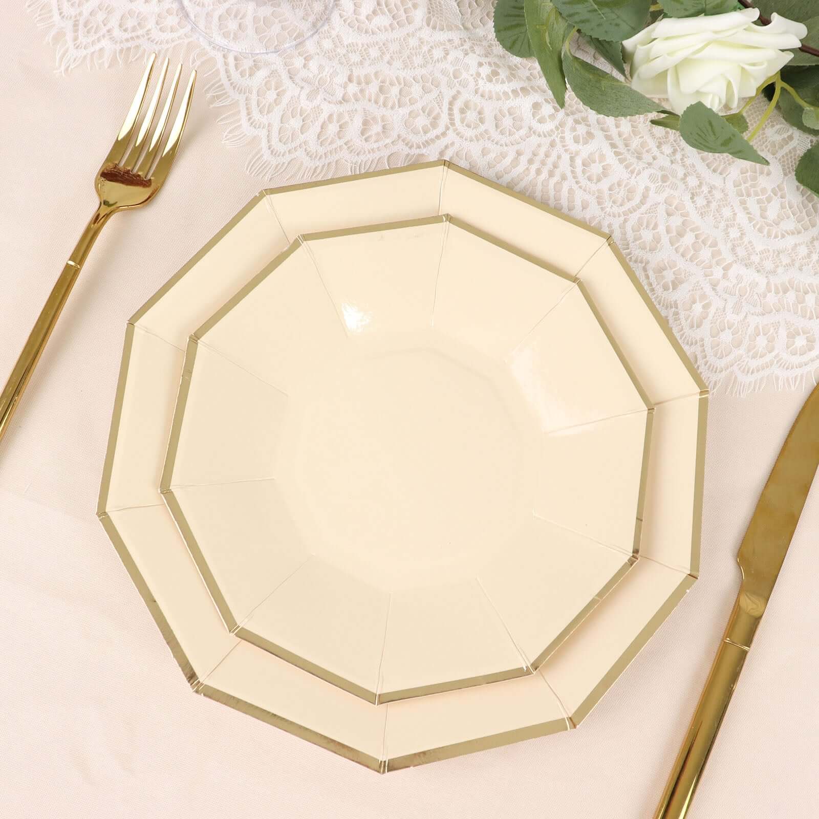 25 - Pack Paper 9" Decagon Dinner Plates in Beige with Gold Foil Rim - Disposable Geometric Party Plates for Modern Weddings & Events - Bell Racket Store