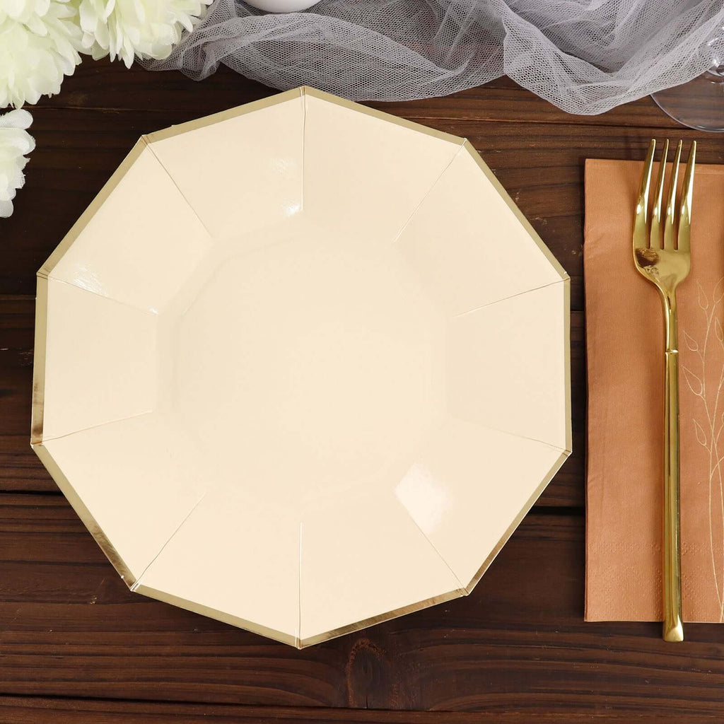 25 - Pack Paper 9" Decagon Dinner Plates in Beige with Gold Foil Rim - Disposable Geometric Party Plates for Modern Weddings & Events - Bell Racket Store