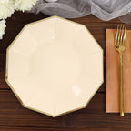 25 - Pack Paper 9" Decagon Dinner Plates in Beige with Gold Foil Rim - Disposable Geometric Party Plates for Modern Weddings & Events - Bell Racket Store