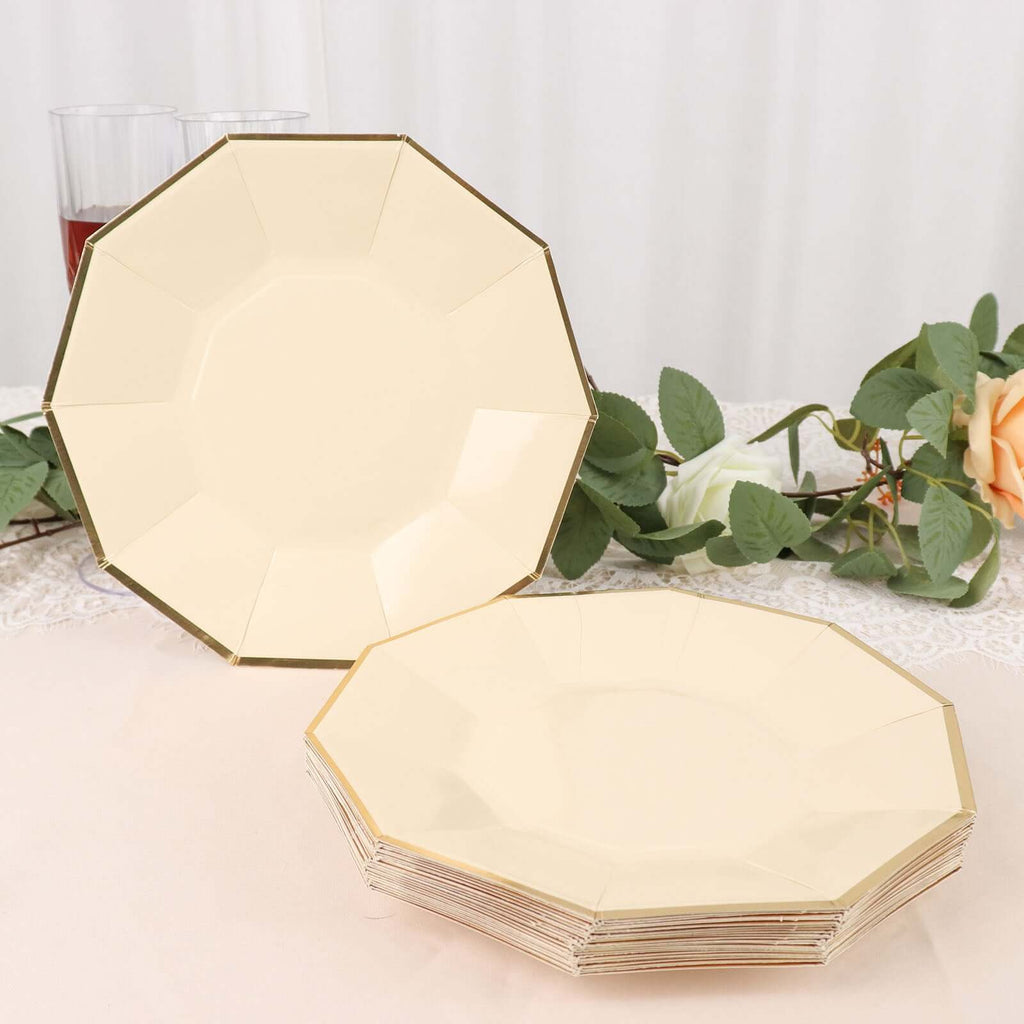 25 - Pack Paper 9" Decagon Dinner Plates in Beige with Gold Foil Rim - Disposable Geometric Party Plates for Modern Weddings & Events - Bell Racket Store