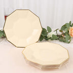 25 - Pack Paper 9" Decagon Dinner Plates in Beige with Gold Foil Rim - Disposable Geometric Party Plates for Modern Weddings & Events - Bell Racket Store