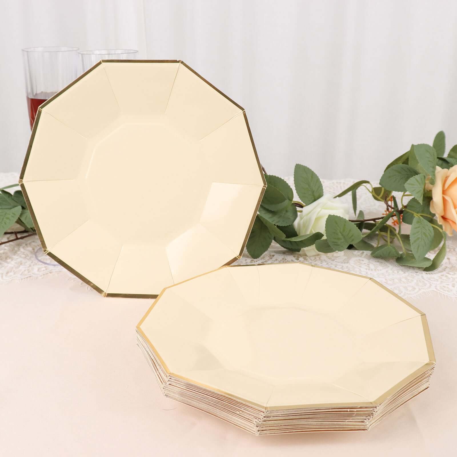 25 - Pack Paper 9" Decagon Dinner Plates in Beige with Gold Foil Rim - Disposable Geometric Party Plates for Modern Weddings & Events - Bell Racket Store