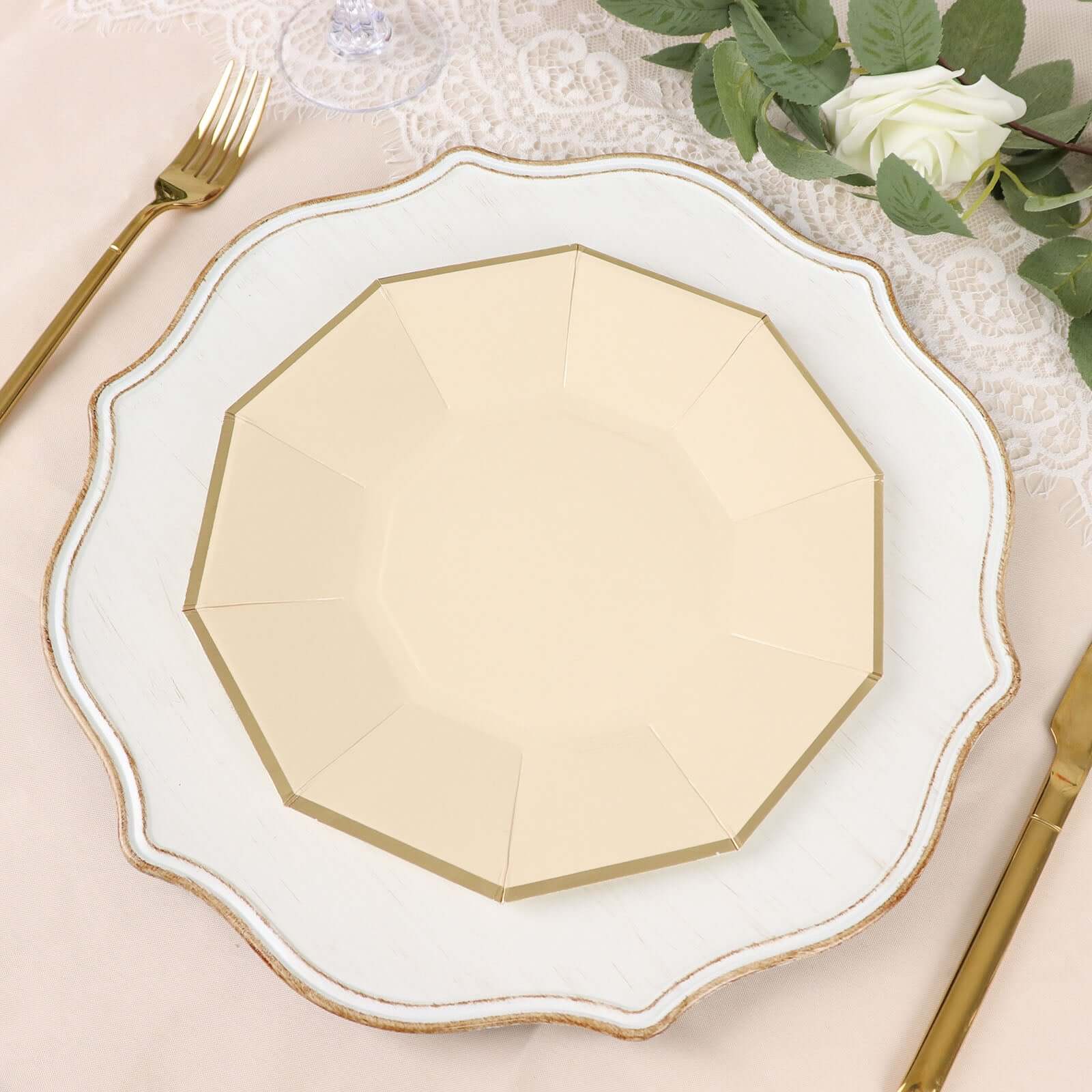25 - Pack Paper 9" Decagon Dinner Plates in Beige with Gold Foil Rim - Disposable Geometric Party Plates for Modern Weddings & Events - Bell Racket Store