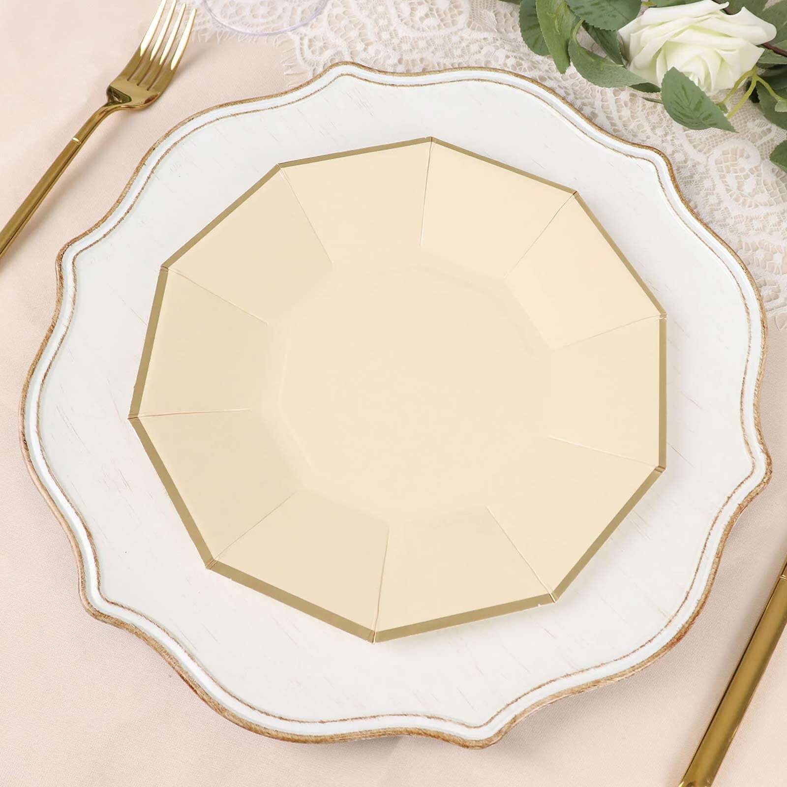 25 - Pack Paper 9" Decagon Dinner Plates in Beige with Gold Foil Rim - Disposable Geometric Party Plates for Modern Weddings & Events - Bell Racket Store