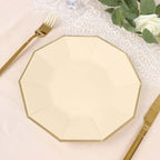 25 - Pack Paper 9" Decagon Dinner Plates in Beige with Gold Foil Rim - Disposable Geometric Party Plates for Modern Weddings & Events - Bell Racket Store