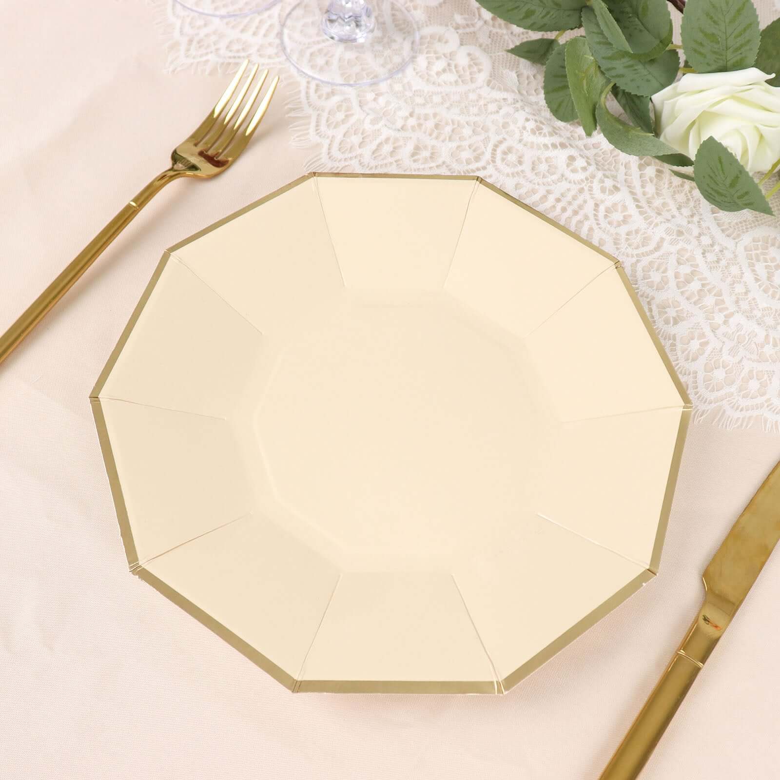 25 - Pack Paper 9" Decagon Dinner Plates in Beige with Gold Foil Rim - Disposable Geometric Party Plates for Modern Weddings & Events - Bell Racket Store