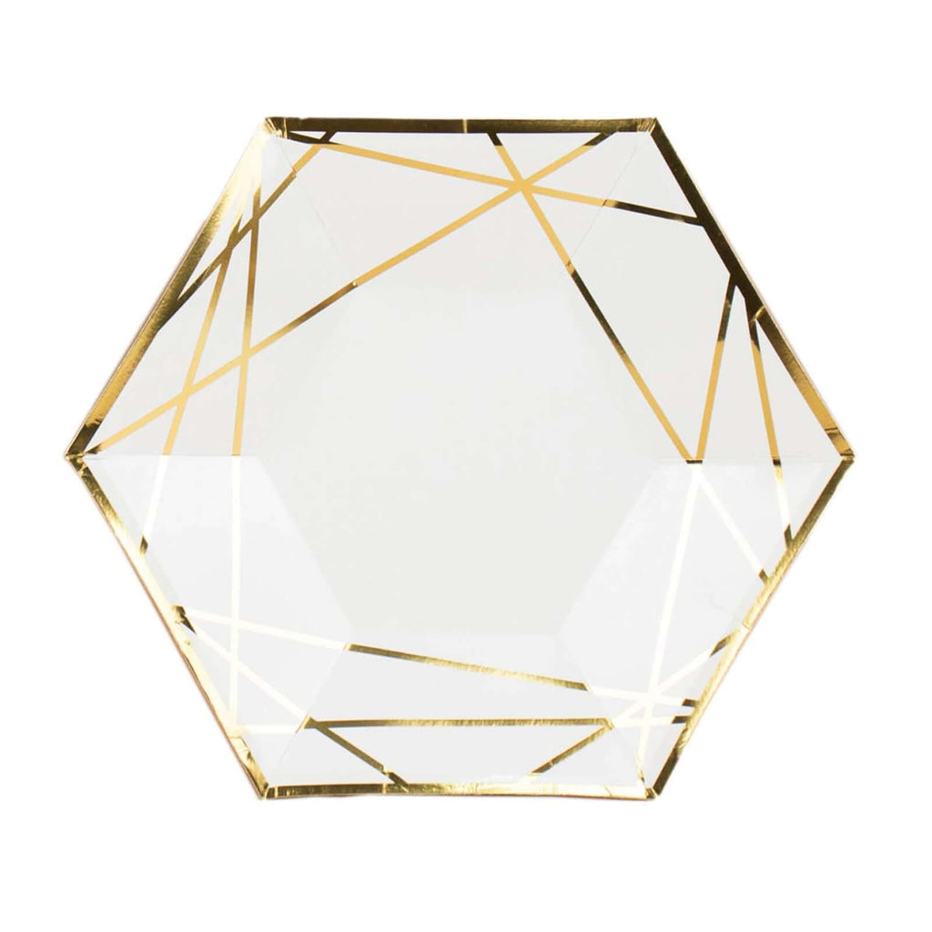 25 - Pack Paper 9" Hexagon Dinner Plates in White with Gold Geometric Lines & Rim - Bell Racket Store